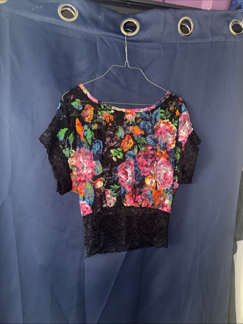 Floral Lace Trim Women's Top - Black with Multicolor Floral Print